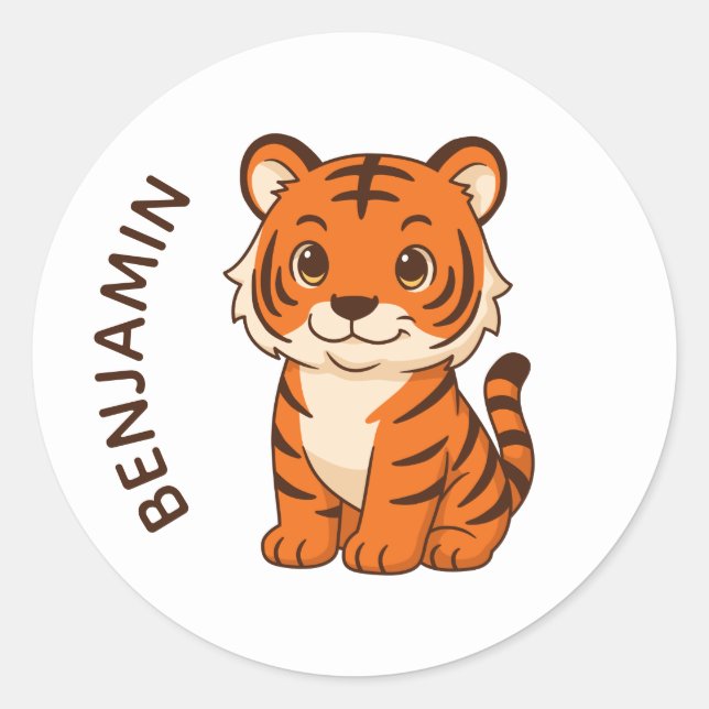 Cute Tiger Cub Custom Name Classic Round Sticker (Front)