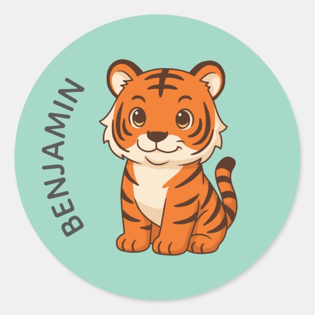 Cute Tiger Cub Custom Name Green Classic Round Sticker (Front)