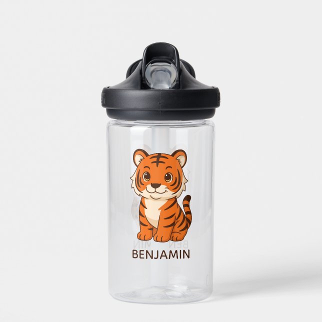 Cute Tiger Cub Custom Name Water Bottle (Front)