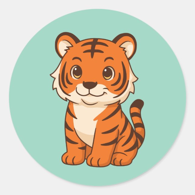 Cute Tiger Cub on Green Classic Round Sticker (Front)
