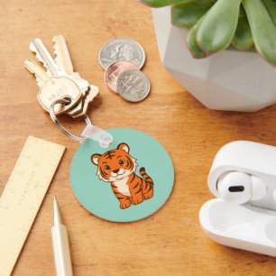 Cute Tiger Cub on Green Key Ring