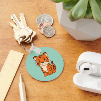 Cute Tiger Cub on Green Key Ring