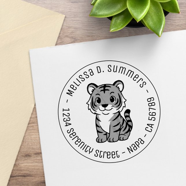 Cute Tiger Cub Round Address Rubber Stamp (Creator Uploaded)