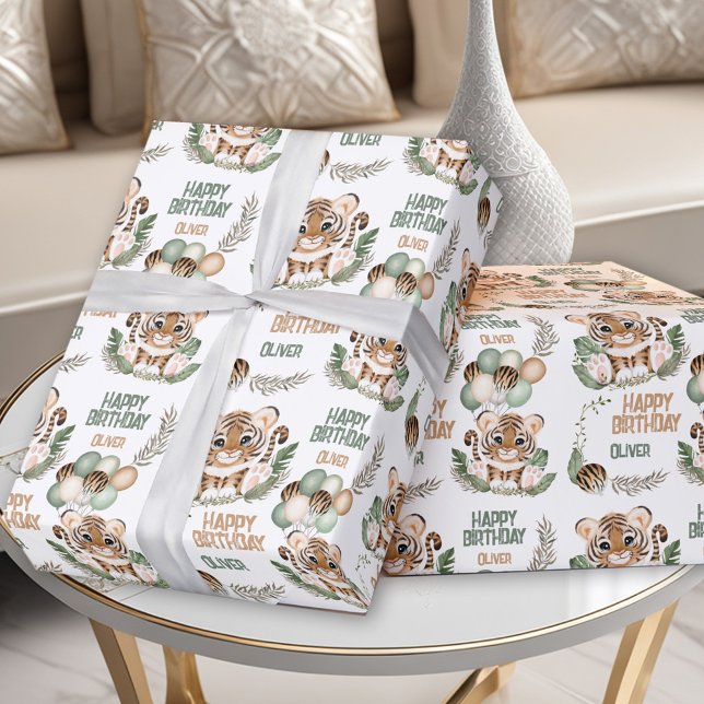 Cute Tiger Cub Wild One Boy 1st Birthday Name Wrapping Paper (Cute Tiger Cub Wild One Boy 1st Birthday Wrapping Paper)