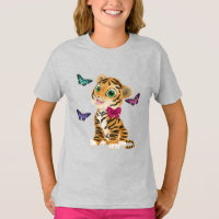 Cute Tiger Cub with Pink Bow & Butterflies