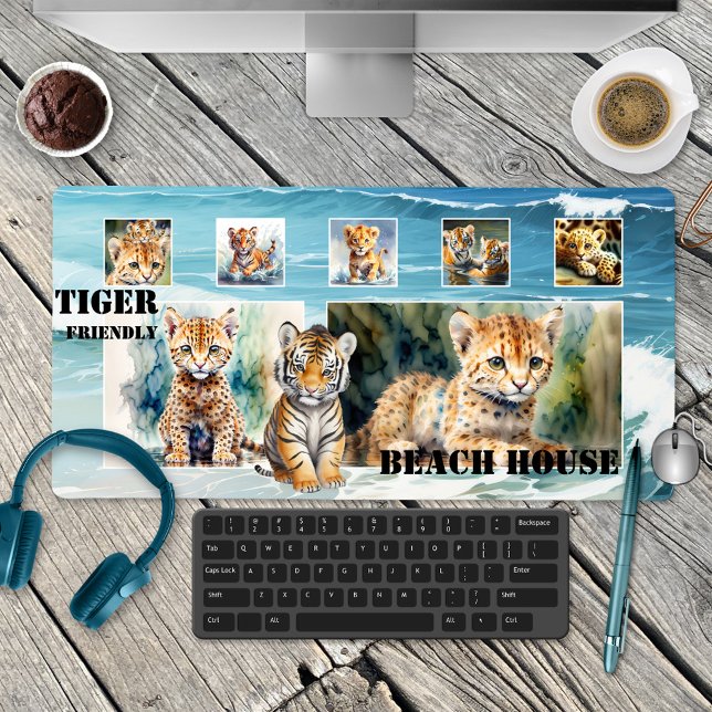 Cute Tiger Cubs Photo Beach House  Desk Mat (A beach house desk mat showing a cute tiger cub on a beach with 7 watercolor tiger images or photos)