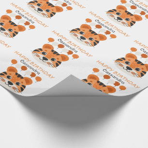 Cute Tiger Face Balloon Name Kids Birthday Wrapping Paper