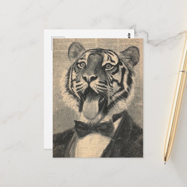 Cute Tiger in a Tux Collage Postcard (Front/Back In Situ)
