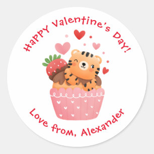 Cute Tiger in Cupcake Custom Kids Valentine's Day Classic Round Sticker