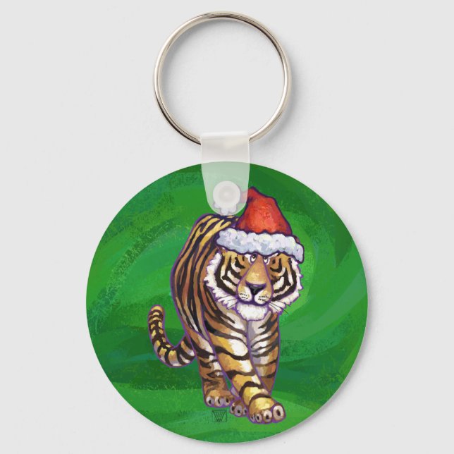 Cute Tiger in Santa Hat On Green Key Ring (Front)
