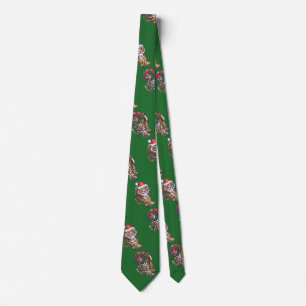 Cute Tiger in Santa Hat On Green Tie
