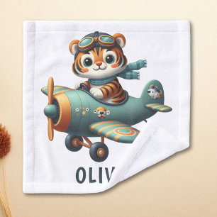 Cute Tiger Kid Flying a Plane Personalised Wash Cloth