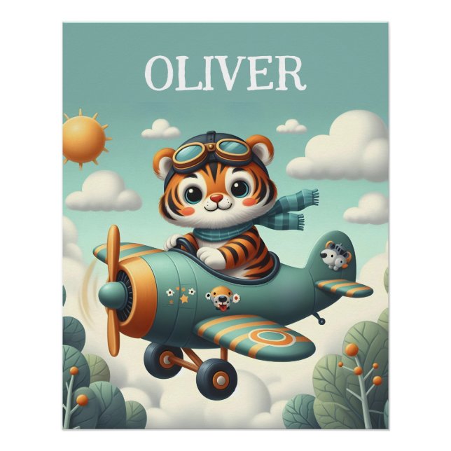 Cute Tiger Kid Flying on Aeroplane Poster (Front)