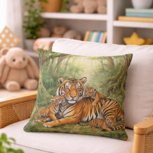 Cute Tiger  Mama And Cubs Jungle Animals  Cushion
