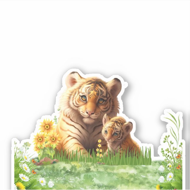 Cute Tiger Mum & Baby Floral Watercolor Custom Cut (Front)