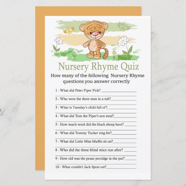 Cute Tiger Nursery Rhyme Quiz baby shower game (Front/Back)