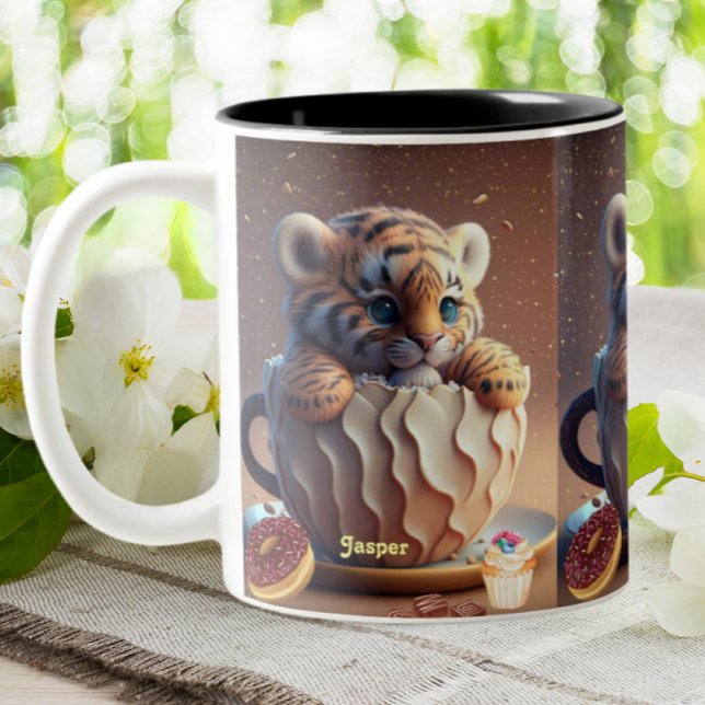 Cute Tiger Personalised Name Rustic Background Two-Tone Coffee Mug (Creator Uploaded)