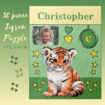Cute tiger photo name green yellow kids jigsaw puzzle<br><div class="desc">30 piece jigsaw puzzle for kids.
Featuring a cute tiger,  with stars and love hearts.
Add a name,  initial and a photo.
Colour scheme: green and yellow
Children's gift idea.</div>