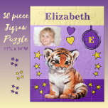 Cute tiger photo name purple yellow kids jigsaw puzzle<br><div class="desc">30 piece jigsaw puzzle for kids.
Featuring a cute tiger,  with stars and love hearts.
Add a name,  initial and a photo.
Colour scheme: purple and yellow
Children's gift idea.</div>