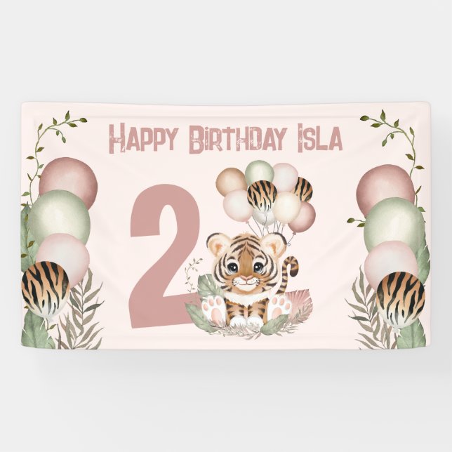 Cute Tiger Pink Girl Safari 2nd Birthday Banner (Horizontal)