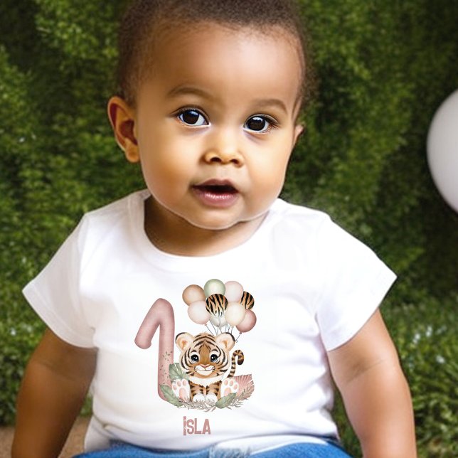 Cute Tiger Pink Wild One Girl 1st Birthday Baby T-Shirt (1st Birthday girl baby t-shirt with a cute baby tiger, number one and safari balloons)