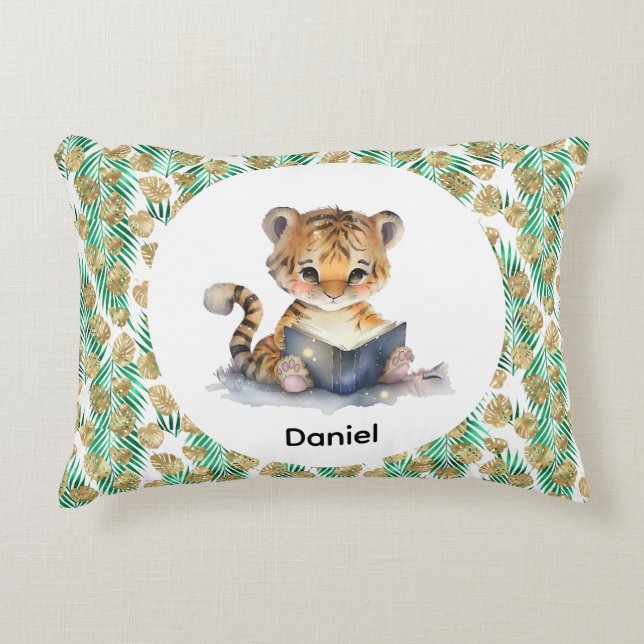 Cute Tiger Reading a Book Decorative Cushion (Front)