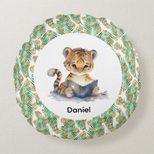 Cute Tiger Reading a Book Round Cushion
