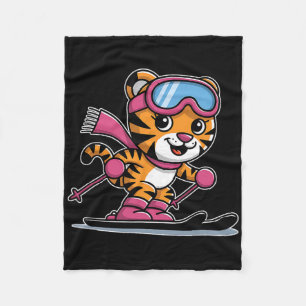 Cute Tiger Skiing Pink Goggles Winter Adventure Fleece Blanket