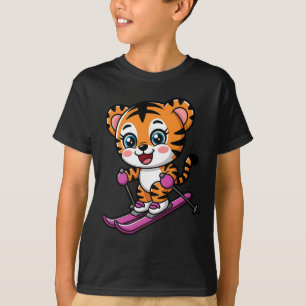 Cute Tiger Skiing Winter Snow Sports Kids T-Shirt