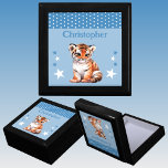 Cute tiger stars add name blue keepsake gift box<br><div class="desc">Keepsake Gift Box for children.
Personalise with a name.
Featuring a cute tiger,  polka dots and stars with the colours blue and white.</div>