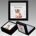Cute tiger stars add name grey keepsake gift box<br><div class="desc">Keepsake Gift Box for children.
Personalise with a name.
Featuring a cute tiger,  polka dots and stars with the colours grey and white.</div>