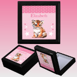 Cute tiger stars add name pink keepsake gift box<br><div class="desc">Keepsake Gift Box for children.
Personalise with a name.
Featuring a cute tiger,  polka dots and stars with the colours pink and white.</div>