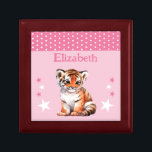 Cute tiger stars add name pink keepsake gift box<br><div class="desc">Keepsake Gift Box for children.
Personalise with a name.
Featuring a cute tiger,  polka dots and stars with the colours pink and white.</div>