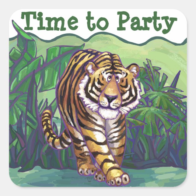 Cute Tiger Time to Party Square Sticker (Front)