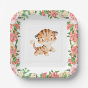 Cute Tiger Watercolor Pink Flowers Paper Plates