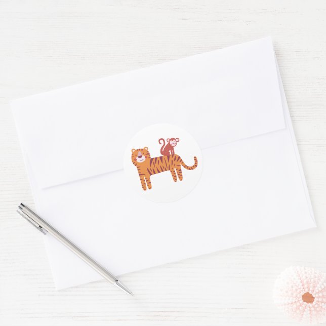 Cute Tiger with Monkey on the Back Classic Round Sticker (Envelope)