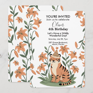 Cute tiger with orange lily Personalised Birthday Invitation