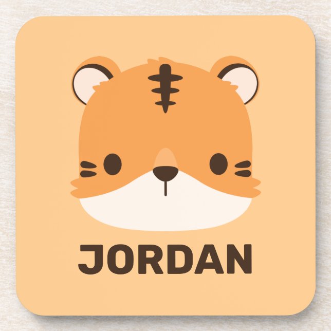 Cute Tiger with Personalised Name Coaster (Front)