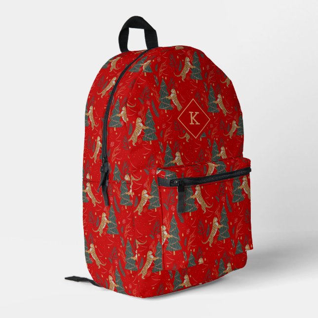 Cute Tigers And Christmas Trees On Red Printed Backpack (Back Corner Left)