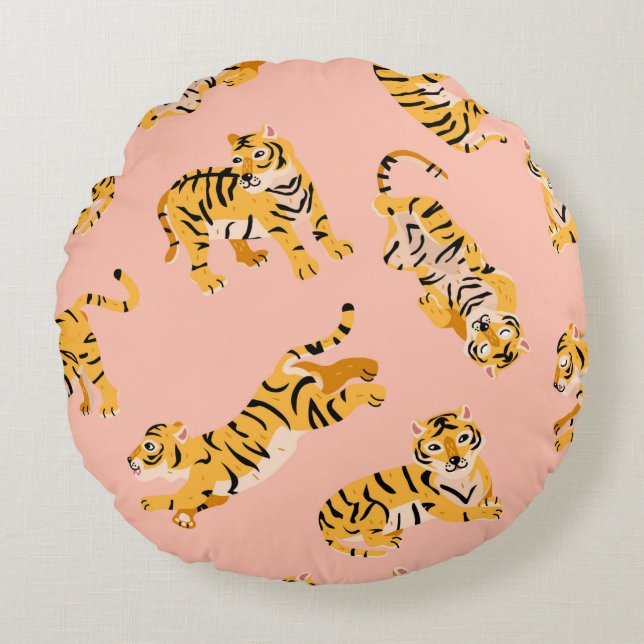 Cute tigers seamless pattern round cushion (Front)