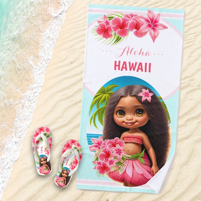 Cute Tiki Girl Summer Vacation Personalised Girl  Beach Towel (Creator Uploaded)