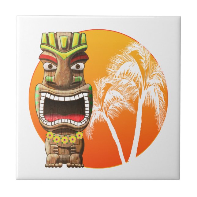 Cute Tiki Statue Beach Sunset Tile (Front)
