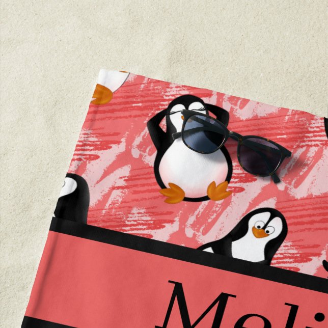 Cute tiled beach penguins add name beach towel (In Situ)