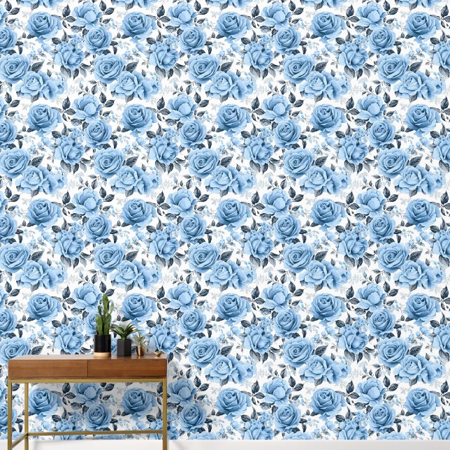 Cute tiled blue white roses pattern  wallpaper (Hallway)