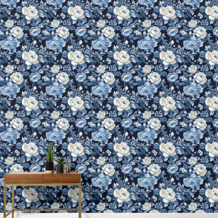 Cute tiled blue white roses pattern wallpaper