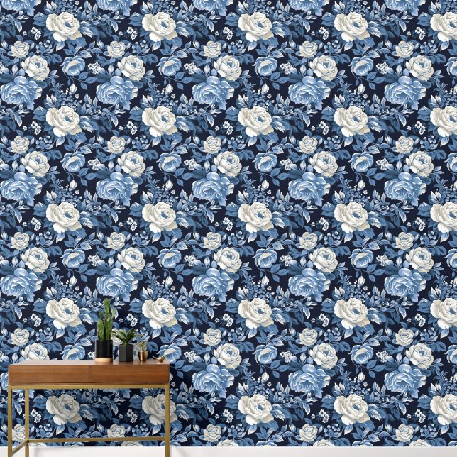 Cute tiled blue white roses pattern wallpaper (Hallway)
