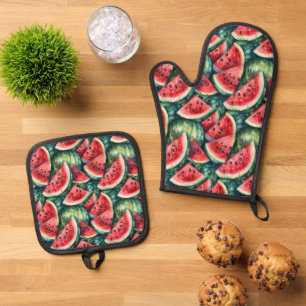 Cute tiled watermelon pattern kitchen oven mitt & pot holder set