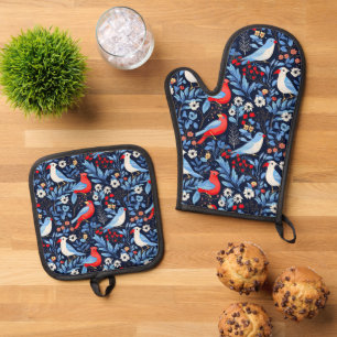 Cute tiled Winter birds Oven Mitt & Pot Holder Set