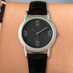 Cute Tiny Cactus Simple Plain Black Minimalist Watch