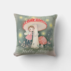 Cute Tiny fairy perched on top of mushroom Cushion